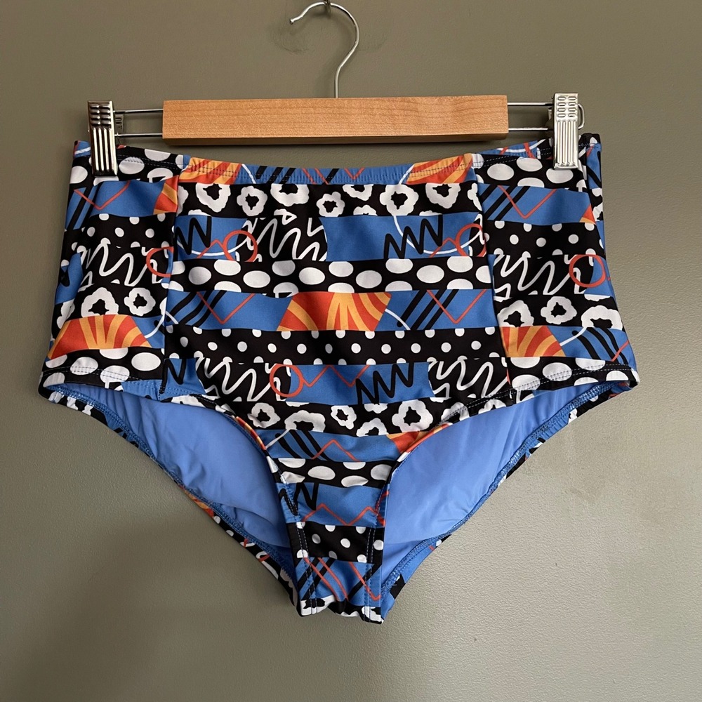 Anthropologie Lysa Seamed Bikini Bottoms Blue Orange Size Medium High Waist Chic - Picture 4 of 16